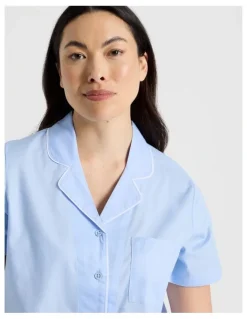 Soho Core Cotton Sateen Short Sleeve Long Pyjama Set in Light Blue