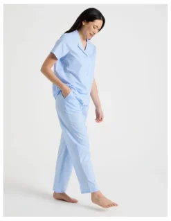 Soho Core Cotton Sateen Short Sleeve Long Pyjama Set in Light Blue