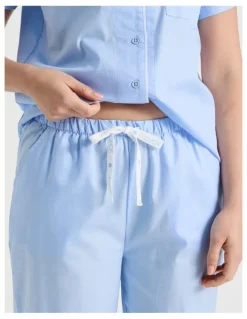 Soho Core Cotton Sateen Short Sleeve Long Pyjama Set in Light Blue