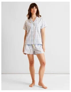 Soho Core Cotton Short Sleeve Short PJ Set in Blue Check Print