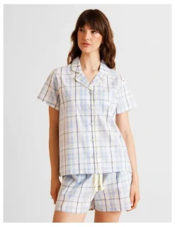 Soho Core Cotton Short Sleeve Short PJ Set in Blue Check Print