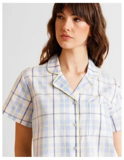Soho Core Cotton Short Sleeve Short PJ Set in Blue Check Print