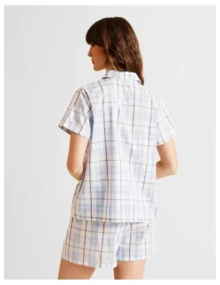 Soho Core Cotton Short Sleeve Short PJ Set in Blue Check Print