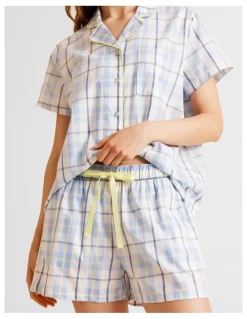 Soho Core Cotton Short Sleeve Short PJ Set in Blue Check Print