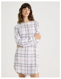 Soho Cosy Brushed Knit Jersey Long Sleeve Nightie in White Windowpane Check Print