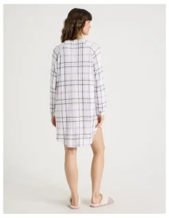 Soho Cosy Brushed Knit Jersey Long Sleeve Nightie in White Windowpane Check Print