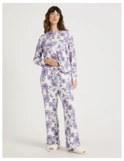 Soho Cosy Brushed Knit Jersey Long Sleeve Wide Pant Pyjama Set in Lilac Floral Outline Print