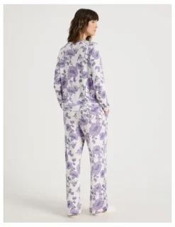 Soho Cosy Brushed Knit Jersey Long Sleeve Wide Pant Pyjama Set in Lilac Floral Outline Print
