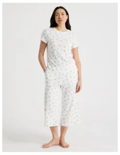 Soho Everyday Pointelle Short Sleeve 3/4 Pant Pyjama Set in Vintage Ditsy Floral Print