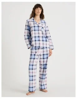 Soho Flannelette Pyjama Set in Navy & Light Pink Check Print