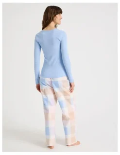 Soho Flannel Long Sleeve Knit Top & Flannelette Pant PJ Set in Blue Check Print