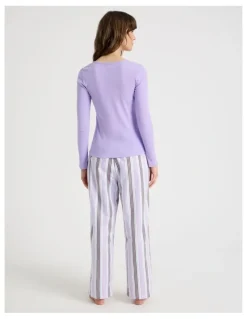 Soho Flannel Long Sleeve Knit / Flannelette Pant PJ Set in Lilac Stripe Print