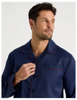 Soho Long Sleeve Cotton Blend Sateen Pyjama Set in Herringbone Plain