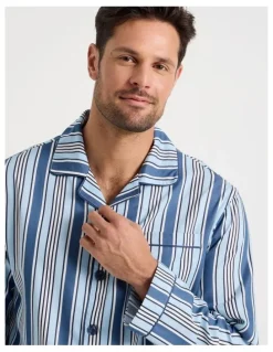 Soho Long Sleeve Cotton Sateen Pyjama Set in Blue Stripe