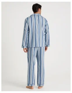 Soho Long Sleeve Cotton Sateen Pyjama Set in Blue Stripe