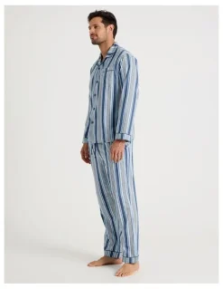 Soho Long Sleeve Cotton Sateen Pyjama Set in Blue Stripe