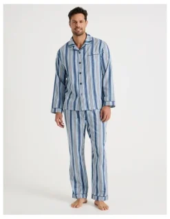 Soho Long Sleeve Cotton Sateen Pyjama Set in Blue Stripe