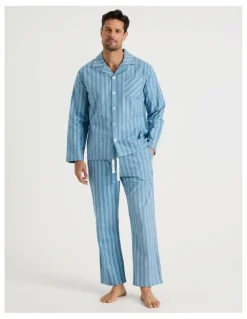 Soho Long Sleeve Flannelette Pyjama Set in Blue Stripe