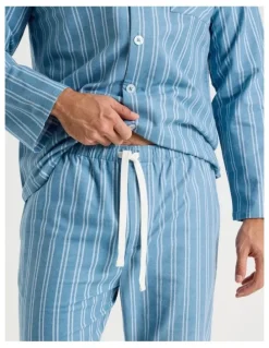 Soho Long Sleeve Flannelette Pyjama Set in Blue Stripe