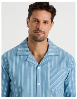 Soho Long Sleeve Flannelette Pyjama Set in Blue Stripe