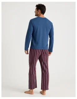 Soho Long Sleeve Tee and Flannelette Pant Pyjama Set in Blue & Burgundy Stripe
