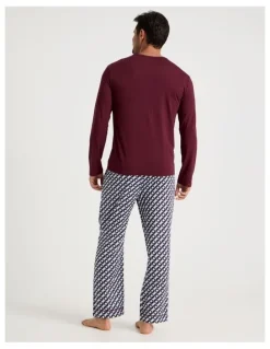 Soho Long Sleeve Tee and Sateen Pant Pyjama Set in Burgundy Cubist Print