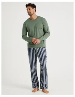 Soho Long Sleeve Tee and Sateen Pant Pyjama Set in Green Stripe