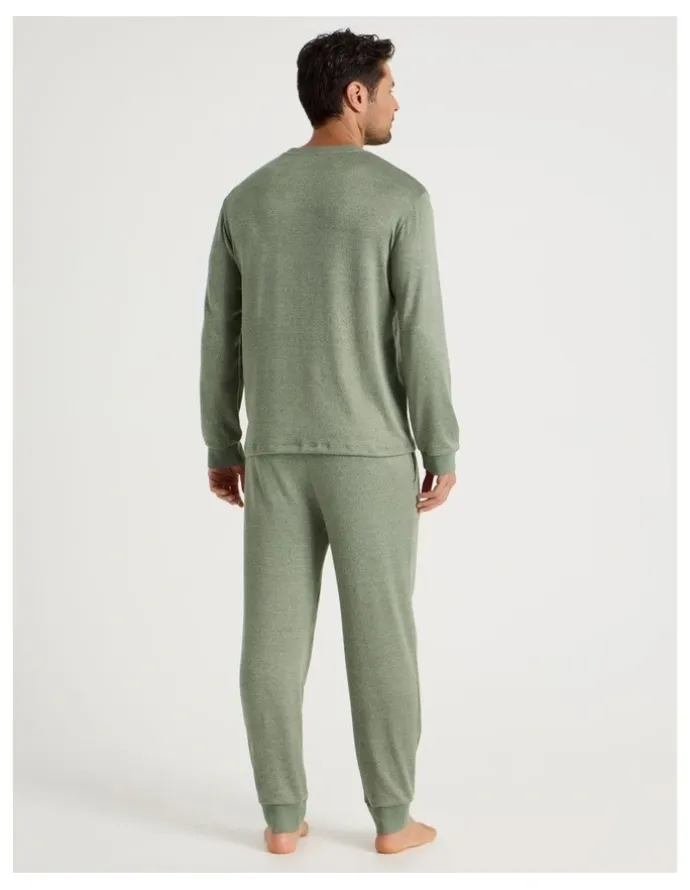 Soho Plain Cosy Knit Pyjama Set in Green Marle