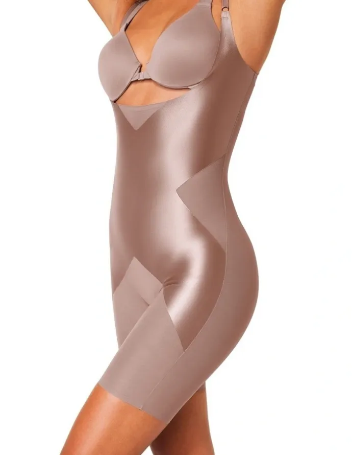 Spanx Shape Satin X-Open Bust Mid Thigh Bodysuit in Cafe Au Lait
