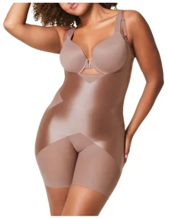 Spanx Shape Satin X-Open Bust Mid Thigh Bodysuit in Cafe Au Lait