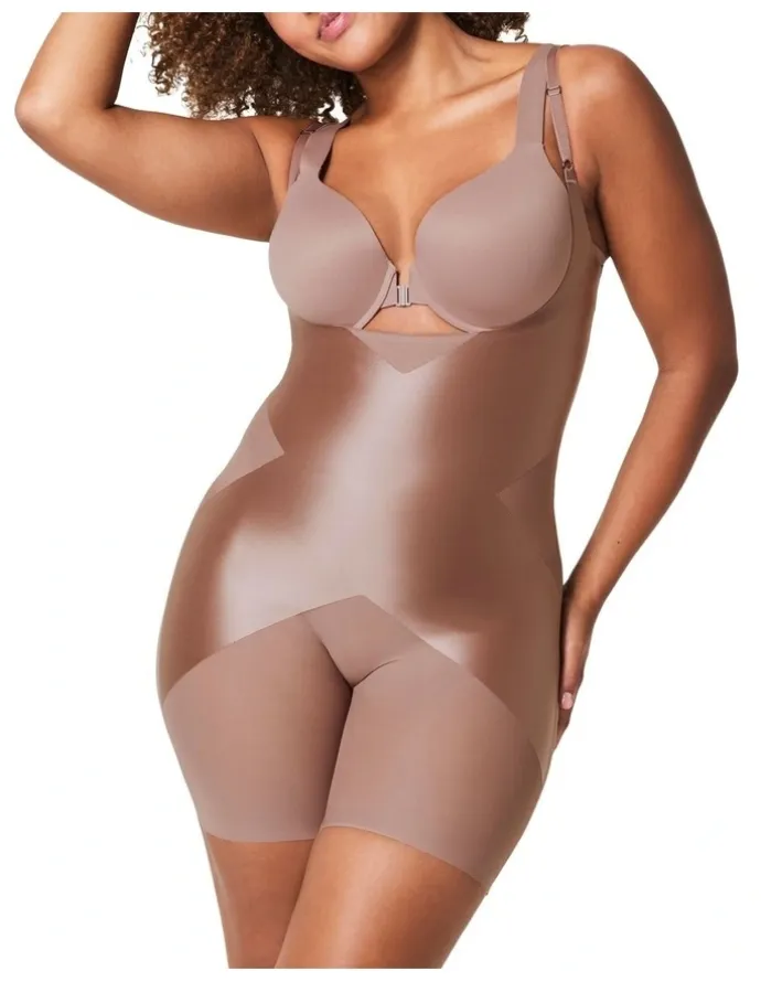 Spanx Shape Satin X-Open Bust Mid Thigh Bodysuit in Cafe Au Lait