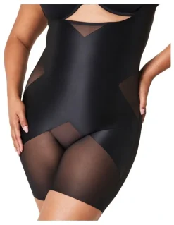 Spanx Shape Satin X-Open Bust Mid Thigh Bodysuit in Very Black