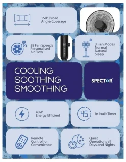 Spector Pedestal Fan Tilt & Oscillating 28 Speed Cooler Timer Adjustable Height in White