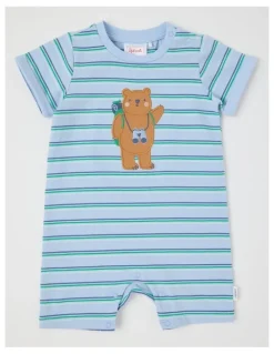 Sprout Bear Applique Stripe Romper in Bluestone