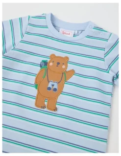 Sprout Bear Applique Stripe Romper in Bluestone