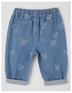 Sprout Bear Embroidered Denim Pants in Denim