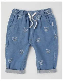 Sprout Bear Embroidered Denim Pants in Denim