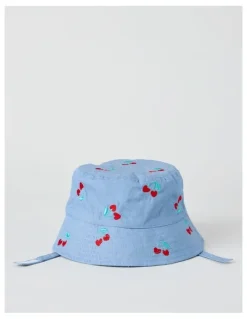 Sprout Bucket Hat with Cherry Embroidery in Denim