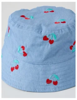 Sprout Bucket Hat with Cherry Embroidery in Denim