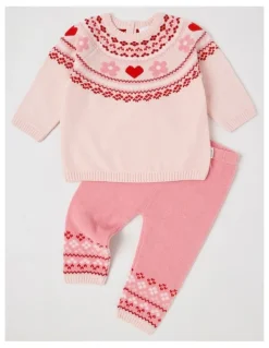 Sprout Chenille Heart & Flower Fair Isle Top & Legging Set in Blush