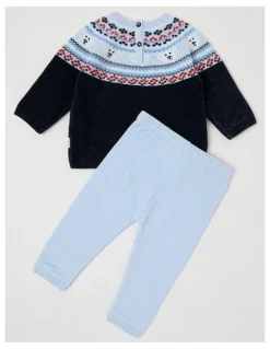 Sprout Chennile Teddy Bear Fair Isle Top & Legging Set in Bluestone