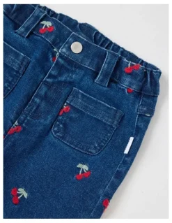 Sprout Cherry Embroidery Denim Pants in Blue