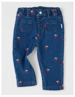 Sprout Cherry Embroidery Denim Pants in Blue