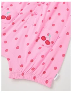 Sprout Cherry Placket Romper in Hot Pink