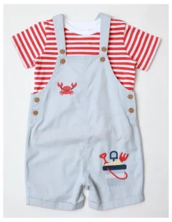 Sprout Crab Embroidered Woven Overall Set in White