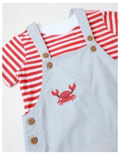 Sprout Crab Embroidered Woven Overall Set in White