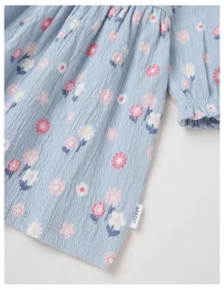 Sprout Crinkle Knit Frill Neck Dress in Dusty Blue
