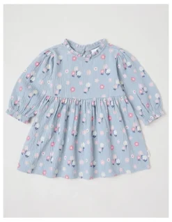 Sprout Crinkle Knit Frill Neck Dress in Dusty Blue