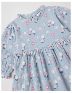 Sprout Crinkle Knit Frill Neck Dress in Dusty Blue