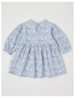 Sprout Crinkle Knit Frill Neck Dress in Dusty Blue